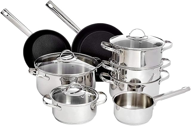 Batería de cocina de acero inoxidable Amazon Basics de 11 piezas