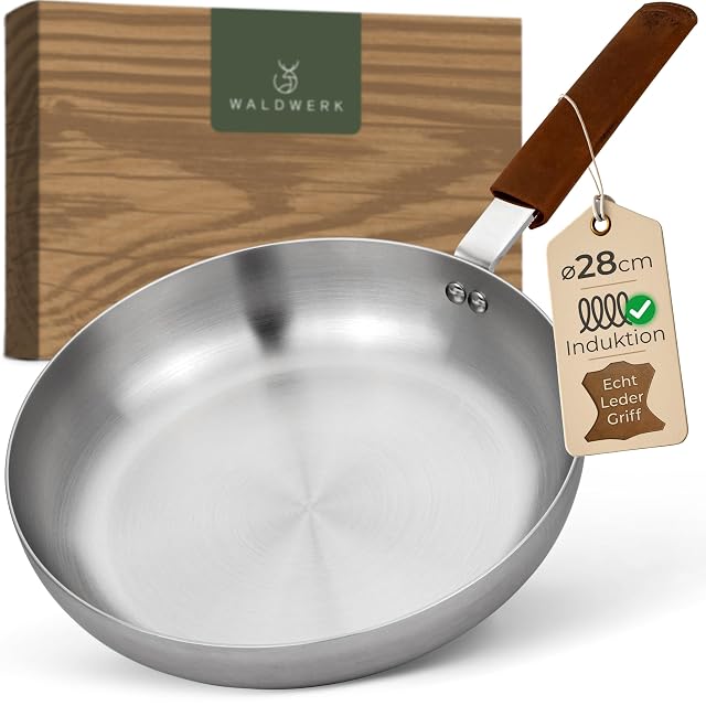 Sartén de acero inoxidable WALDWERK de 28 cm con funda de cuero en el mango