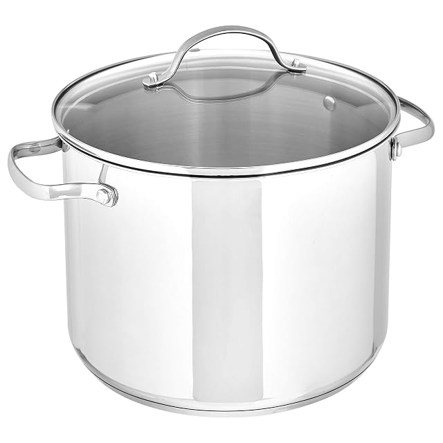 Olla alta de acero inoxidable Amazon Basics de 7,6 litros con tapa de cristal
